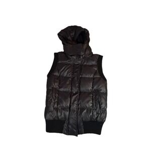 BCBG MAX AZRIA Black Down Puffer Vest Women's XS Quilted Detachable Hood Ribbed